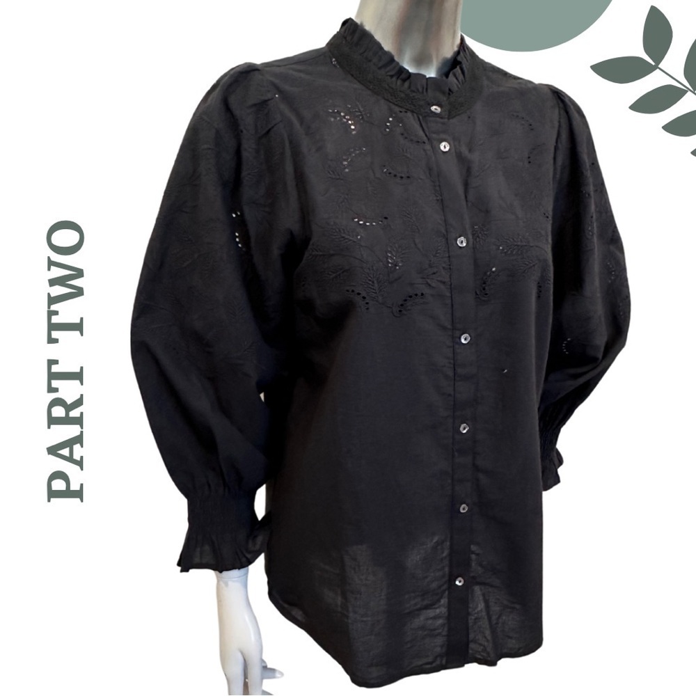 Part Two Black Statement Blouse | Eyelet Embroidered Puff Sleeve Shirt Size 8